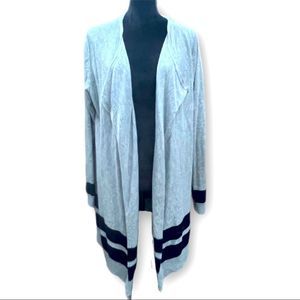 BODEN 100% Wool Open Front Long Sweater Gray Navy Blue Stripes Side Medium EUC